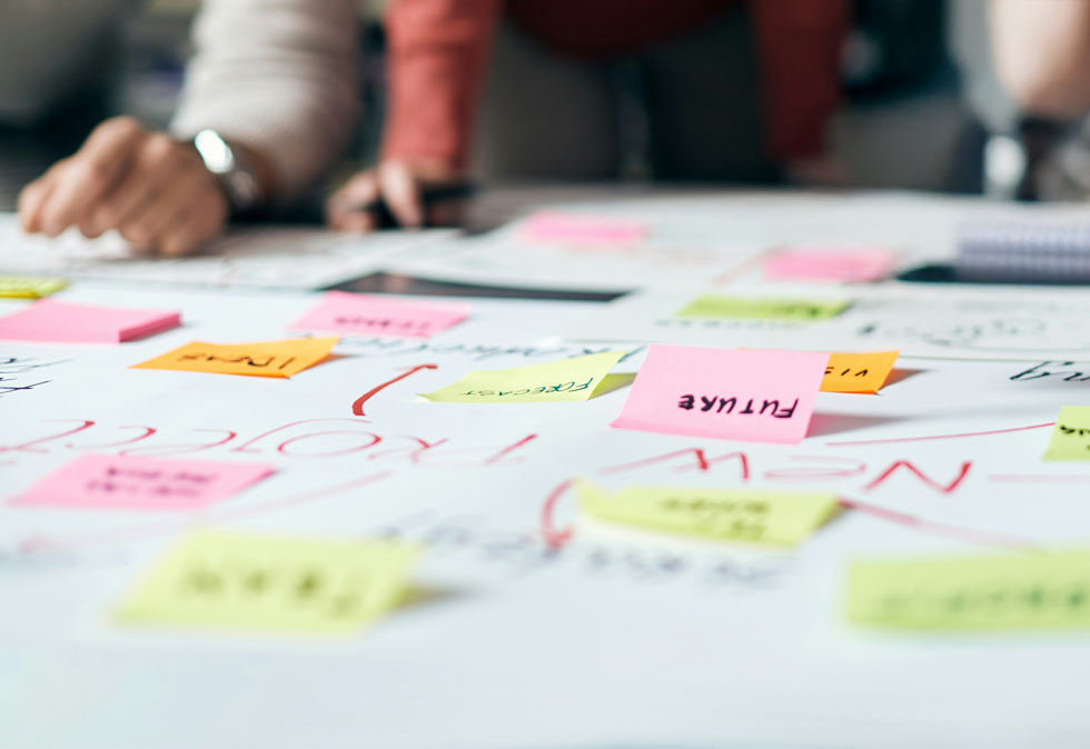 sticky note board for a blog about the brand naming process